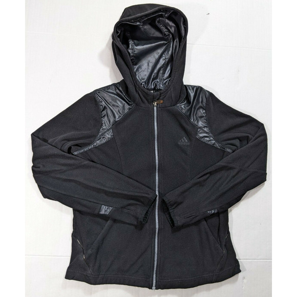 ADIDAS women's size Small black zip up hooded fleece athleisure jacket - Picture 1 of 7